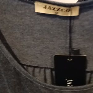 NWT JAZZCO charcoal gray scoop neck blouse w black/white striped curved hem Sz M